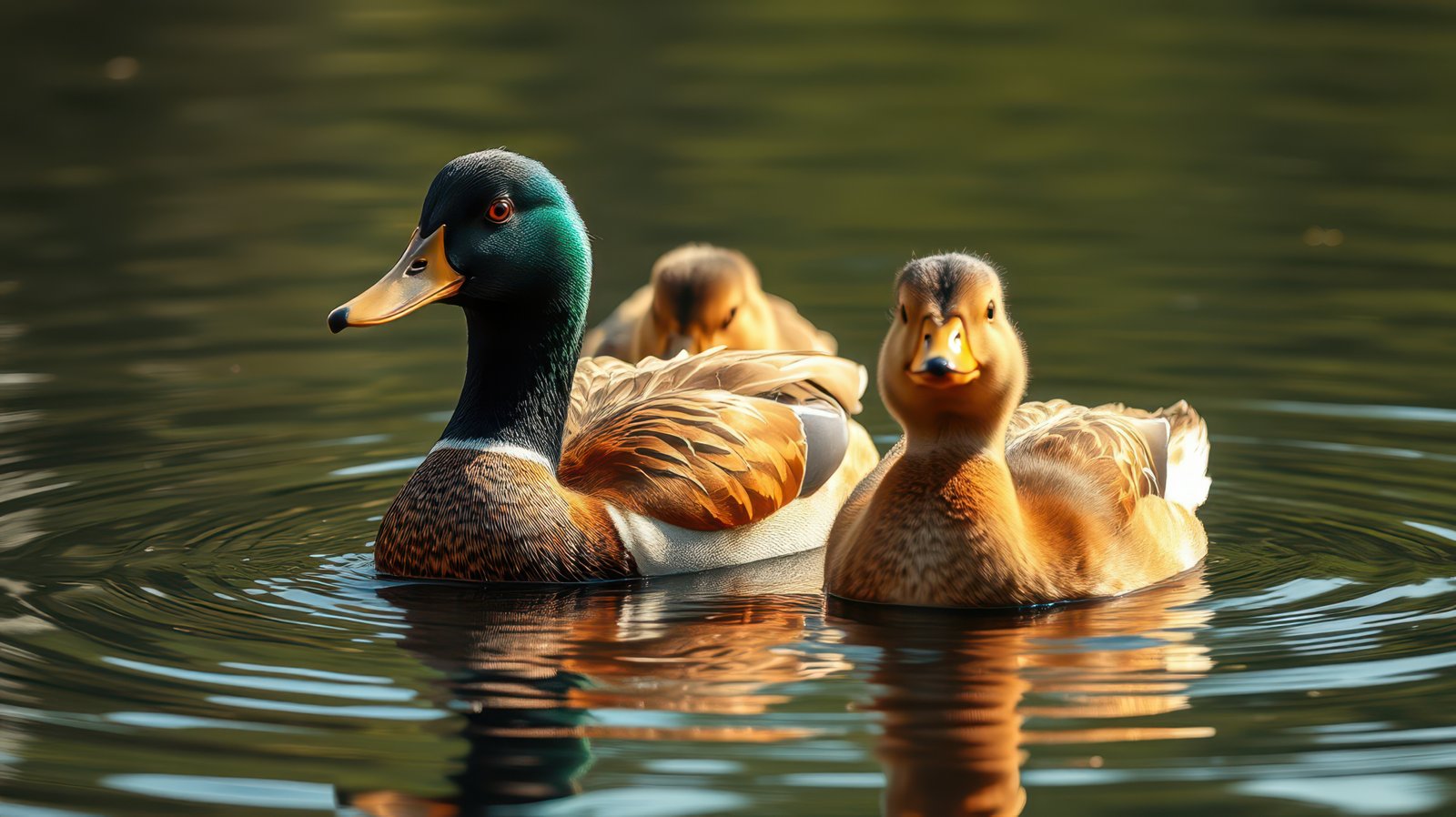 Ducks swimming peacefully in a calm lake during a sunny afternoon